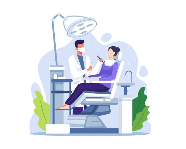 Dentist examining or treating patient teeth Dentist examining or treating patient teeth. Dentist doctor examining female patient lying in chair. Routine medical checkups. Vector illustration in a flat style orthodontist stock illustrations