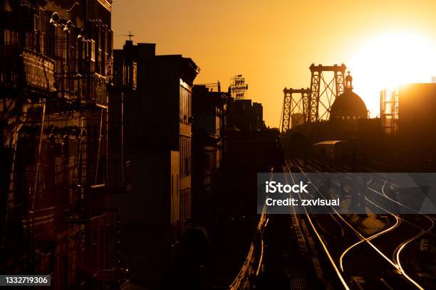 Wiliamsburg Bridge Sunset Stock Photo - Download Image Now - Brooklyn - New York, Subway, Apartment