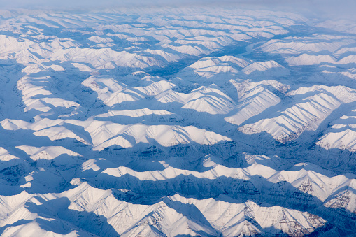 Aerial view of the winter landscape over remote parts of Alaska.