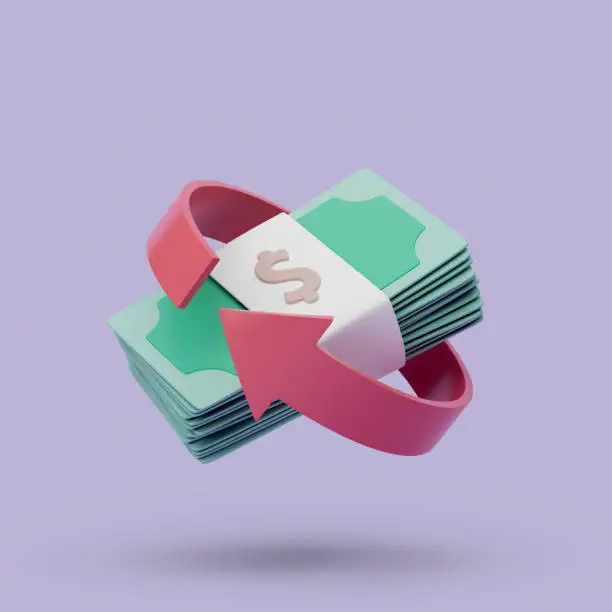 Cashback icon on purple background. Money-saving, cashless. Simple 3d render illustration with soft shadows
