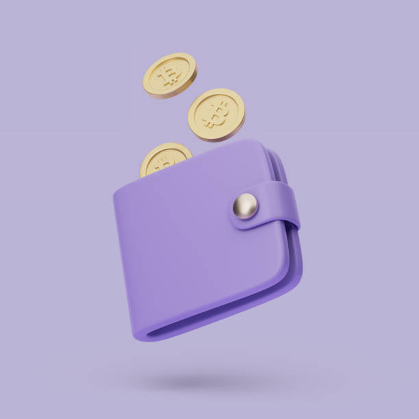 brieftasche mit münzsymbol. einfache 3d-render-illustration auf pastellhintergrund. - bitcoin stock-fotos und bilder