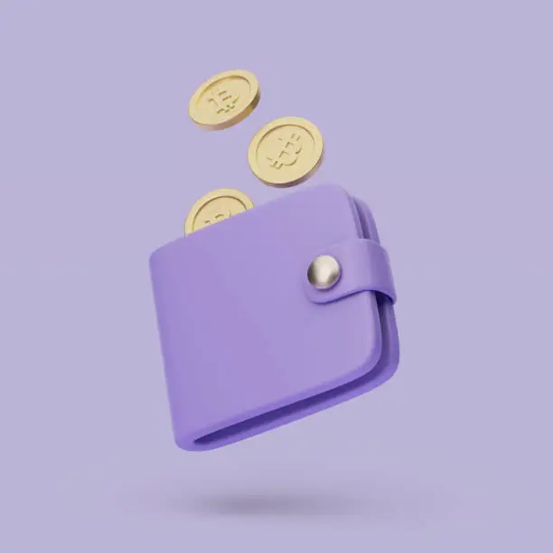 Wallet with coins icon. 3d simple render illustration on pastel background. Isolated object with soft shadows