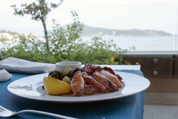 istock Grilled squid with potatoes and spinach on a white plate. Dish with seafood. 1332722827