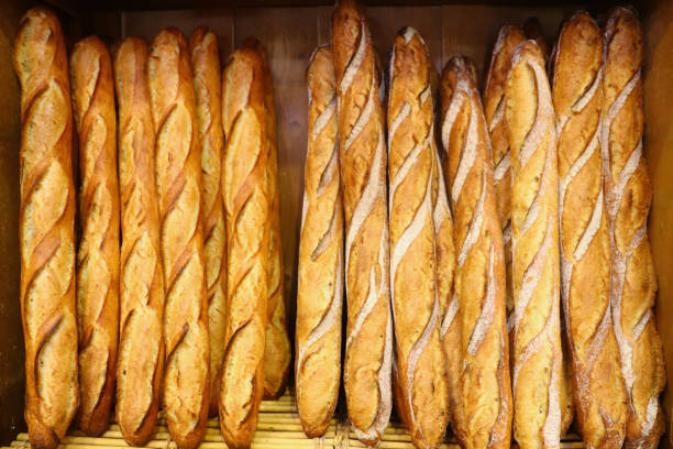 Baguette bread Freshly baked French baguette breads displayed in vertical rows baguette photos stock pictures, royalty-free photos & images
