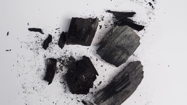 Static video of Coal and dirty dust, powder. Heap of wooden coal on white background, 4k resolution