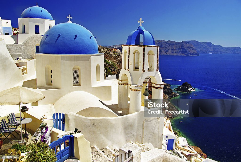 white-blue Santorini beautiful Santorini - view with church domes Fashion Stock Photo