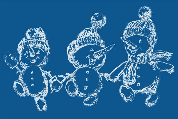 istock Vector contour watercolor brush drawing of three cheerful walking snowmen 1332726164