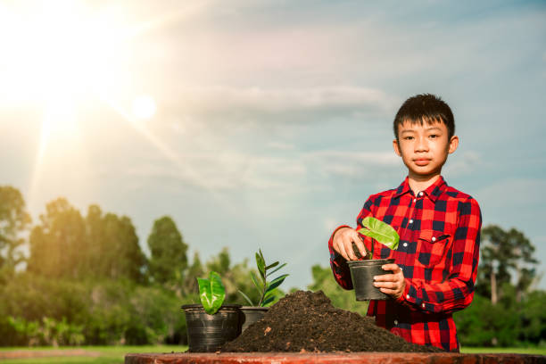 istock Kids planting the tree in pot on blue sky background 1332726215