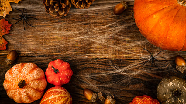 istock different small pumpkins, cones, acorns and spider web with spiders on a wooden background with copy space top view, background for the holiday Halloween 1332728285