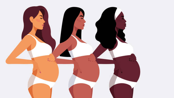 ilustrações de stock, clip art, desenhos animados e ícones de pregnant women. three realistic pretty women with tummy. beautiful girls, diversity, different ethnicity. - africana gravida
