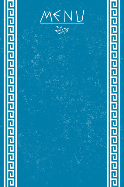 Blue grunge frame for menu in Greek style Greek style frame for restaurant menu with ornament and gunge background. Copy space for design or text. Vector illustration template greece stock illustrations