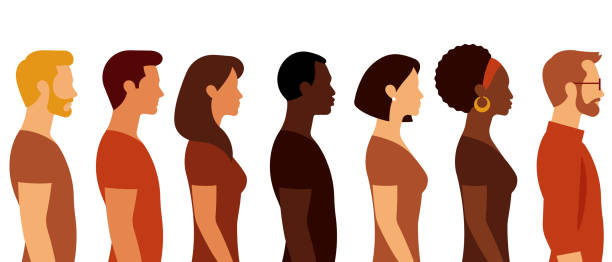 illustrations, cliparts, dessins animés et icônes de beaux hommes et belles femmes. la ligne des gens une direction. - profile people in a row group of people people