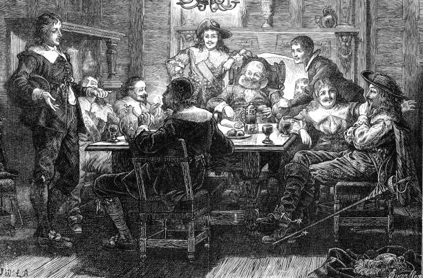 Randolph meets Ben Jonson at the Devil Tavern Illustration published in 1891, out of copyright pub illustrations stock illustrations
