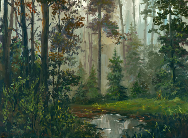 istock road in coniferous forest, oil painting 1332732461
