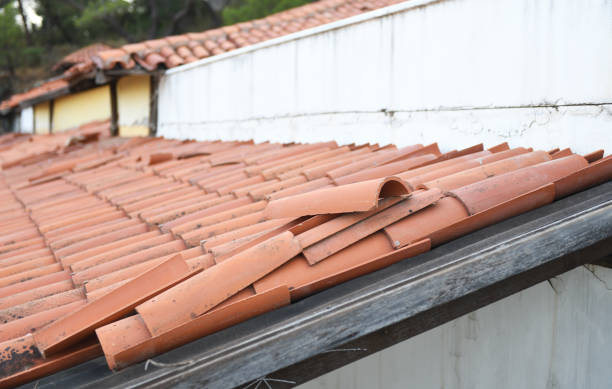 istock Clay tile roof damage, some fallen tiles 1332735240