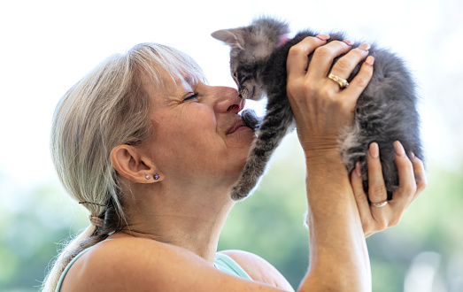 Headshot of a mature woman in her 50s holding a kitten aloft, smiling as they touch noses.