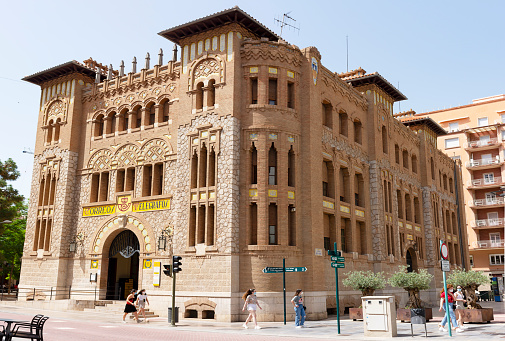 Castellon, Spain. June 14, 2021 - Post office building, inaugurated in 1932, by the architects Demetrio Ribes and Joaquín Dicenta. Valencian modernist and neo-Mudejar style.