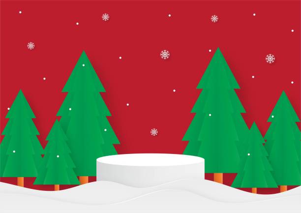 istock merry christmas geometry shape podium with christmas tree. paper cut card red background. product stand presentation with minimal style. 1332739492