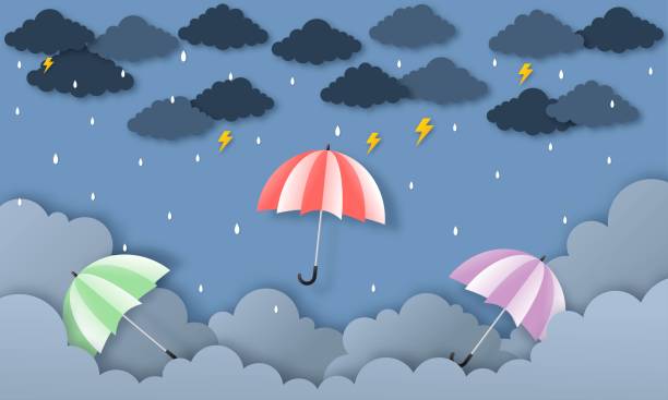 istock happy monsoon season background. rainbow in the rainy. paper art style. vector Illustration. 1332739501