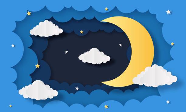 istock night sky. moon, stars and clouds in midnight. paper art style. vector Illustration. 1332739623