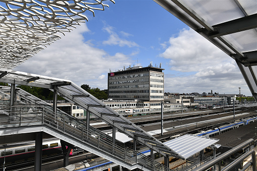 Nantes, France-07 30 2021:View of the Nantes railroad station, trains and platforms.