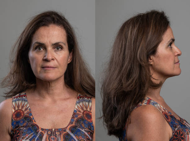 Serious mature adult woman front and profile mugshots stock photo