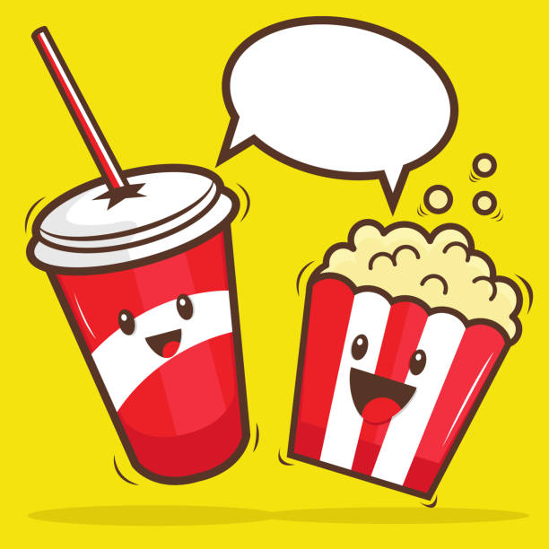 stockillustraties, clipart, cartoons en iconen met popcorn and soft drink as cute character - alcoholvrije drank