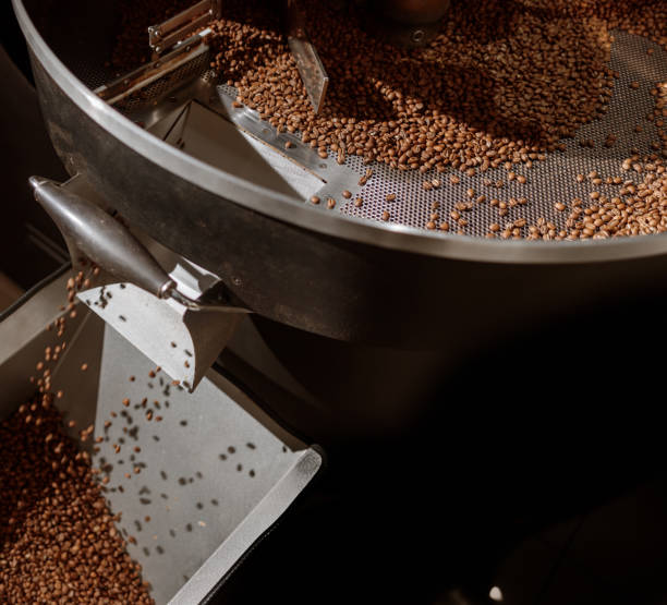 istock Brown coffee beans in cooling tray of coffee roasting machine 1332755150