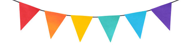 Rainbow Banner Bunting with multicolor pennant flags for colorful design, birthday party decoration, cute invitation, greeting card. Red, orange, yellow, green-blue, blue and purple colors on white. classroom borders stock illustrations