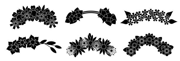 ilustrações de stock, clip art, desenhos animados e ícones de wreaths abstract flower black glyph silhouette set - coroa de flores
