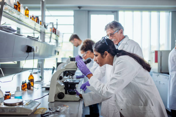 istock Male and Female University Students Using Microscopes in Lab 1332763964