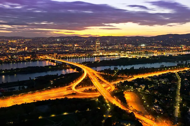 Photo of Vienna with Danube River & Island (Donauinsel), highway at night