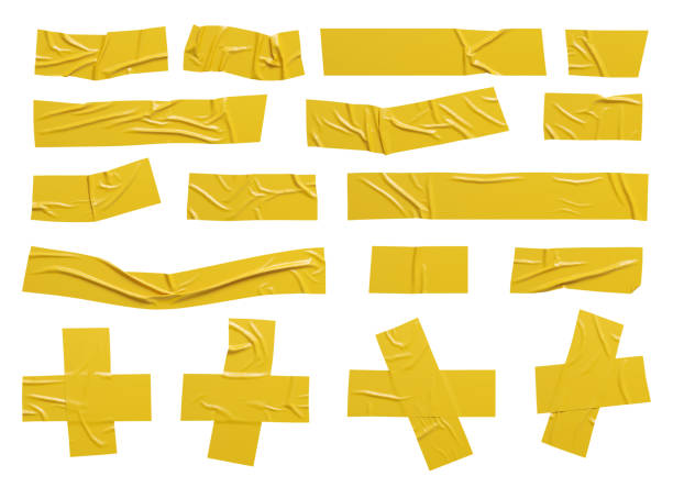 wrinkled yellow adhesive sticky tape. isolated scotch pieces set. - onderdeel van fotos stockfoto's en -beelden