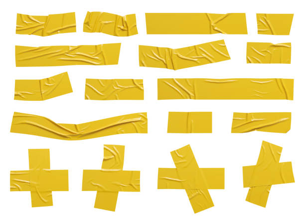 wrinkled yellow adhesive sticky tape. isolated scotch pieces set. - isolated on yellow imagens e fotografias de stock