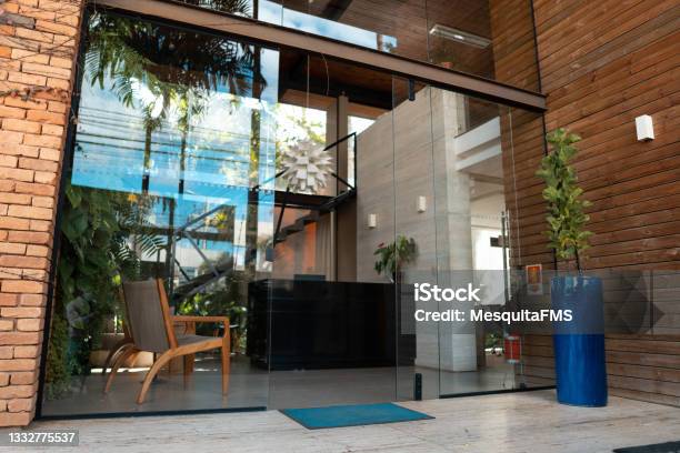 Creative Modern Office Facade Stock Photo - Download Image Now - Store, Building Entrance, Hotel Reception