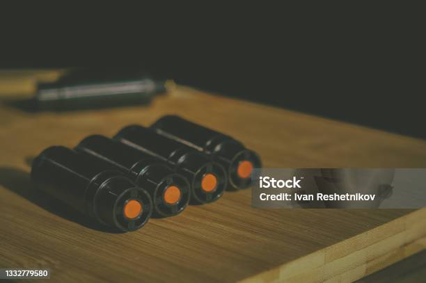 A Group Of Pepper Tear Cartridges For Selfdefense Aerosol Launchers Stock Photo - Download Image Now