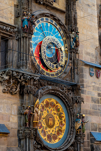 Münster, Germany - April 29, 2022: The astronomical clock in the St.Paulus Cathedral in Münster which was built in the Middle Ages and from which you can read the time.