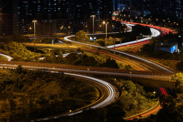 istock Modern city traffic at night 1332786972