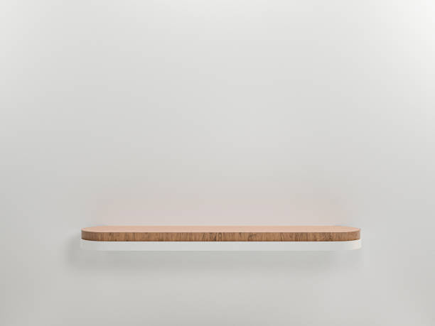 istock Wooden blank shelf on white wall background and copy space for display product presentation and advertisement. 3d render 1332789465