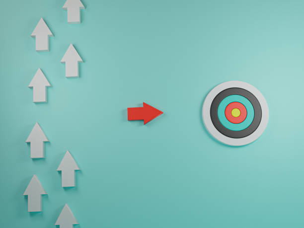 istock Red arrow move out from white arrows and line to target board , Different thinking idea and strive towards with business target concept. 3D render 1332789559