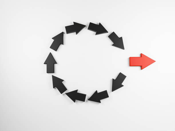 istock Disruption and technology transformation concept , Red arrow  move out from circle black arrow on white background by 3d render. 1332790294