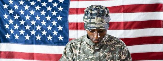 Young African American Military Soldier Veteran. US Veterans
