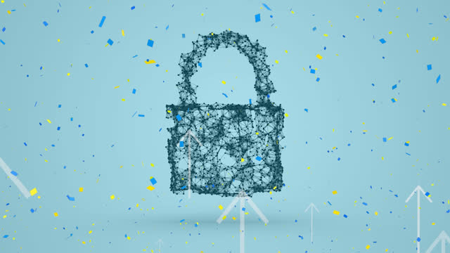 Confetti falling and multiple arrows moving upwards against security padlock icon on blue background