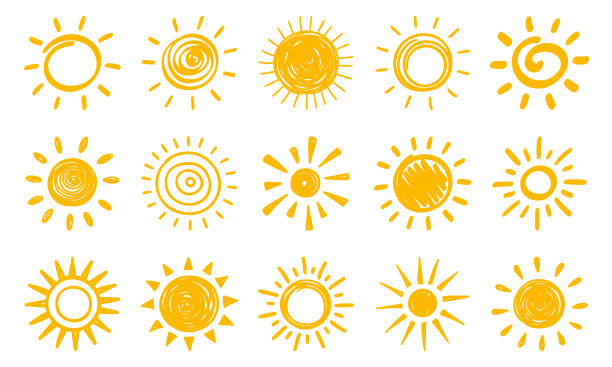 Sun Set of hand drawn sun icons on white background. solar stock illustrations