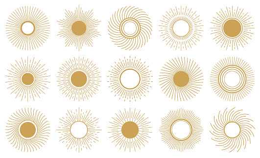 Set of gold sun icons on a white background