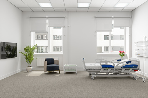 Modern Hospital Room Interior With Empty Bed, Armchair And Lcd Television