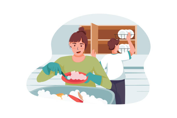 The cleaning team is washing and arranging the dishes Cleaning service Illustration concept. Can use for web banner, infographics, hero images. Flat illustration isolated on white background. labroides dimidiatus stock illustrations