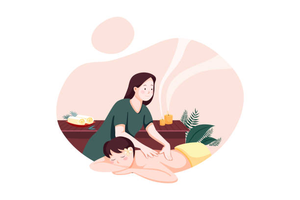 Relaxed woman getting back massage in luxury spa with professional massage therapist. Wellness, healing and relaxation concept. Massage Service Illustration concept. Can use for web banner, infographics, hero images. Flat illustration isolated on white background. massaging illustrations stock illustrations