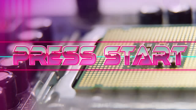Press start text on neon banner against close up of microprocessor connections on motherboard