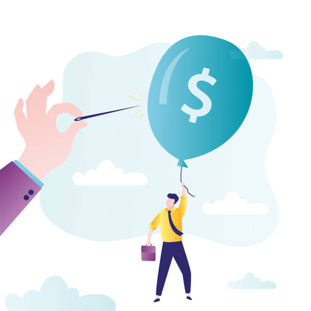 Hand bursting large balloon with a needle. Young businessman flies in big balloon with dollar sign Hand bursting large balloon with a needle. Young businessman flies in big balloon with dollar sign. Concept of inflation and bankruptcy. Economic or financial crisis. Trendy flat vector illustration inflation stock illustrations